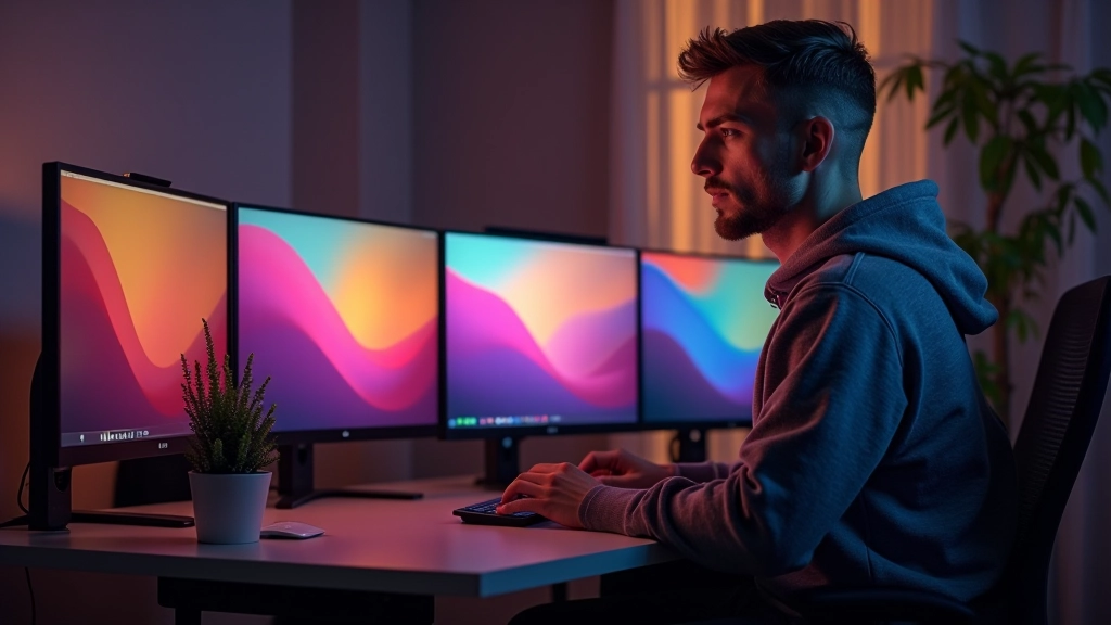 Designer arbeitet an mehrfarbigem Farbverlauf-Design auf großem Monitor, warmes Studienlicht