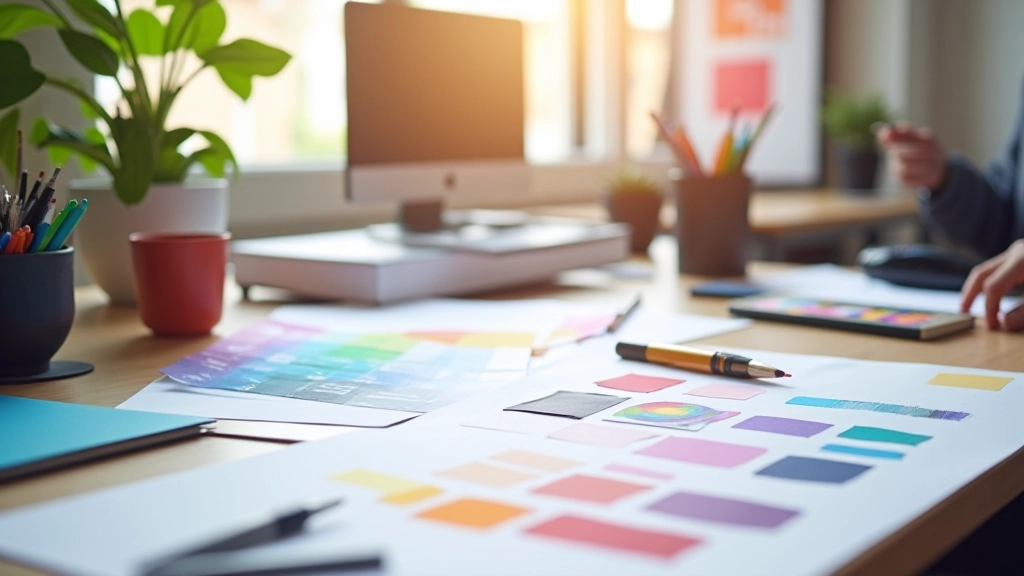 Modernes Webdesign-Workspace mit Farbpaletten und Design-Tools